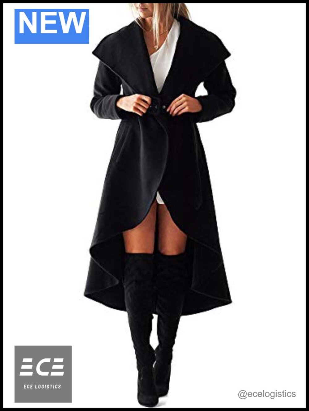 Women's Wool Trench Coat High Low Hem Belted Wrap Large Collar Winter Jacket